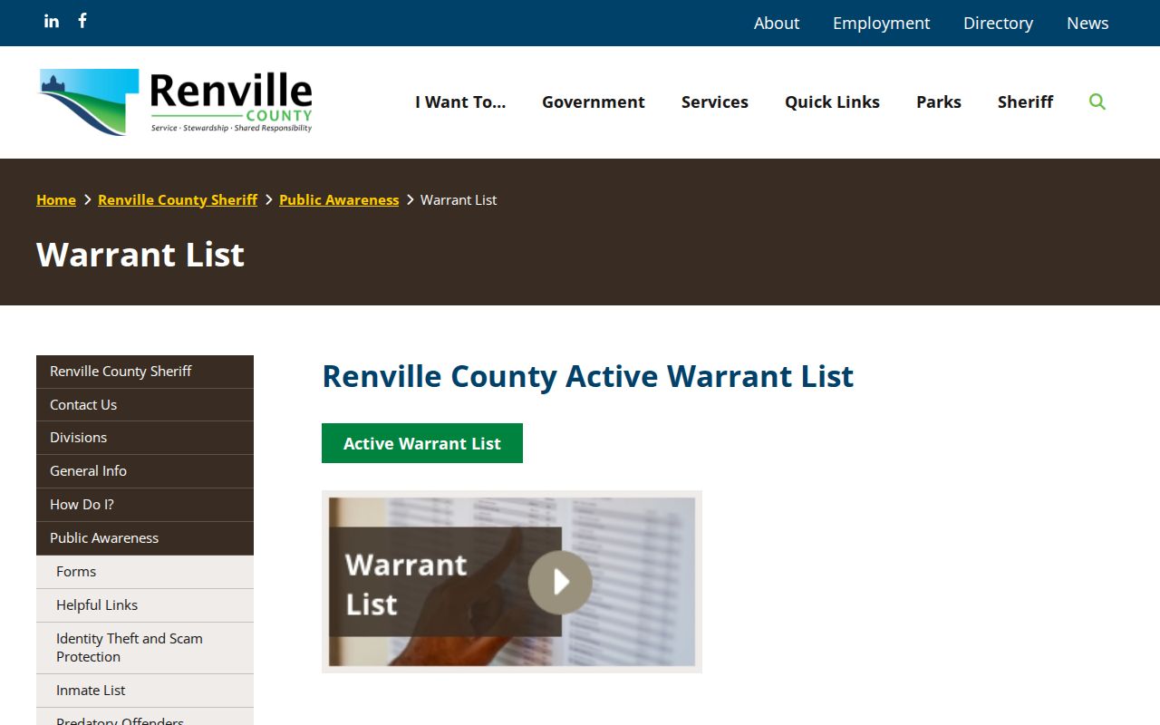 Renville County official active warrant list access page